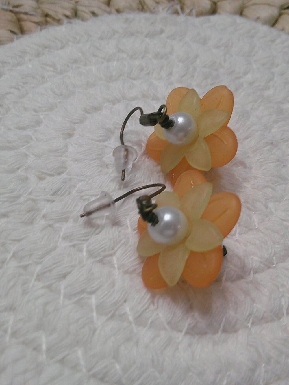 Whimsical ORANGE & YELLOW LUCITE FLOWERS Handmade Antique Bronze Dangle Earrings